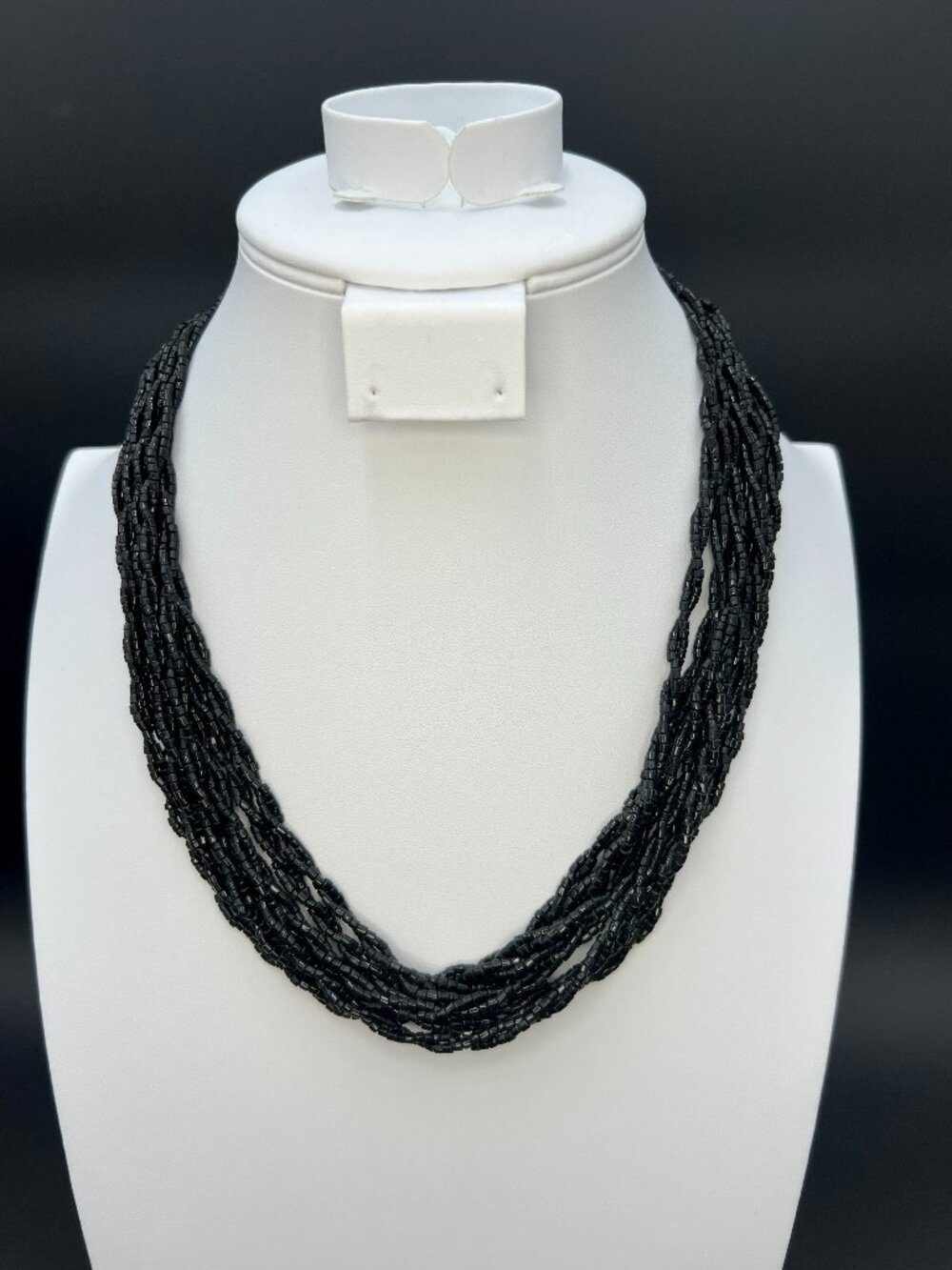 Vintage 1960s Black Multi Strand Seed Bead Necklace Twisted 21”